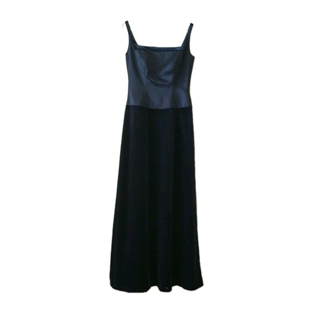 Vtg B2 Jasmine Maxi Dress Gown 10 Navy Blue Velour Square Neck Sleeveless Y2K